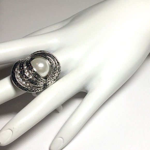 Pearl Cocktail Ring Size 6 Art Deco Statement Vintage Style Silver RhodiumPlated - Picture 4 of 12
